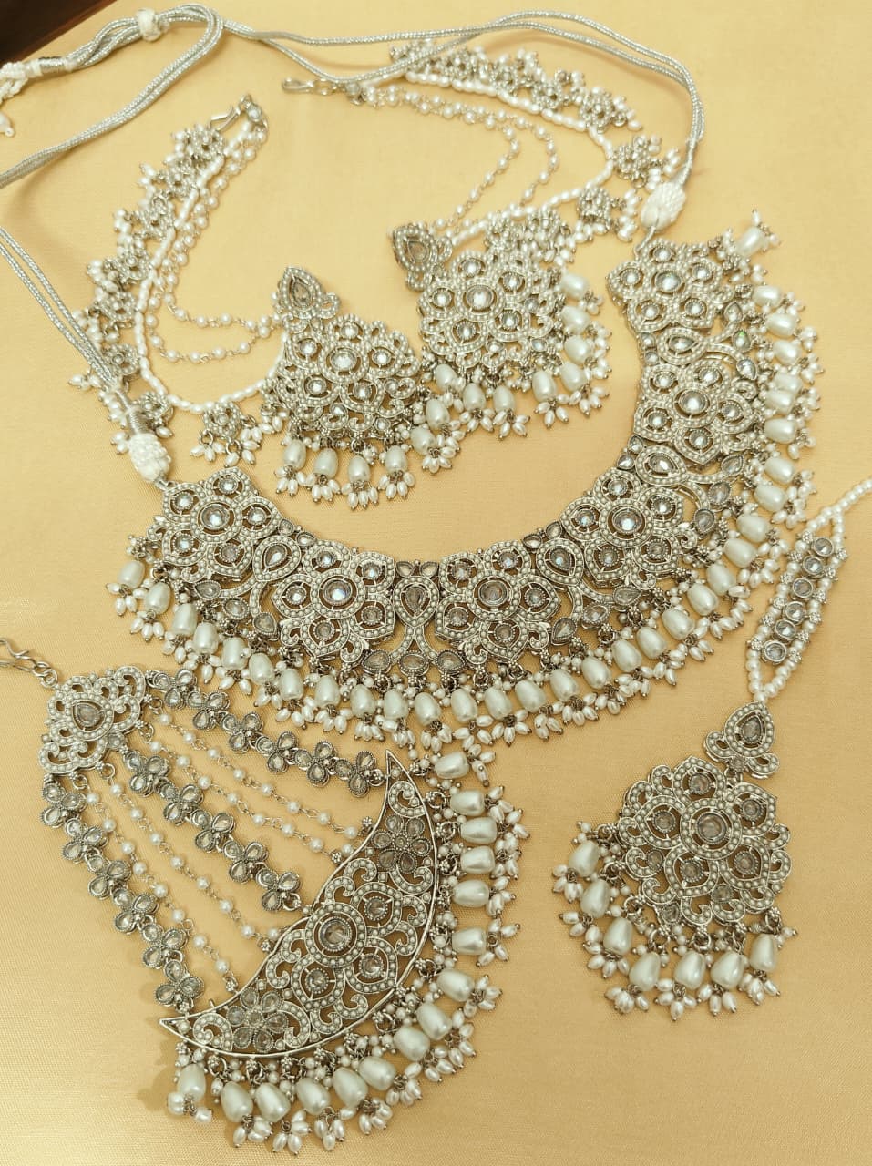 Beautiful Premium Quality Reverse Ad Stone Work Pakistani Necklace With Bahubali Earrings And Tika w